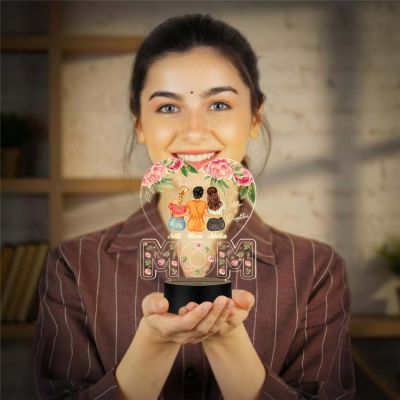 Personalized Mom with Two Daughters Acrylic LED Lamp with UV Print – Warm White Night Light Mother’s Day Gift